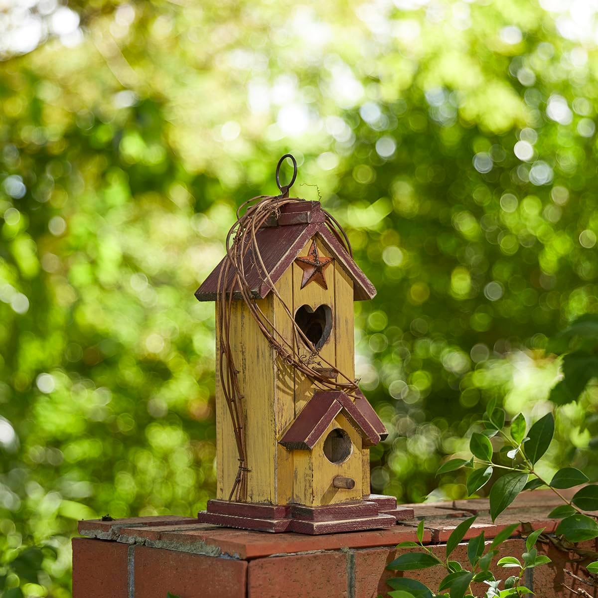 Glitzhome Birdhouses for Outdoors,Hummingbird Houses for Outside, 11.5"H Yellow Hand Painted Distressed Solid Wood Bird Nesting Box Decorative Birdhouse with Rattan Hanging Bird House for Patio Garden