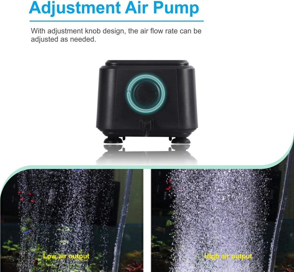 hygger Small Quietest Aquarium Air Pump, Adjustable Oxygen Pump 2 Air Outlets Ultra Silent Powerful Aerator Pump 160GPH 5W