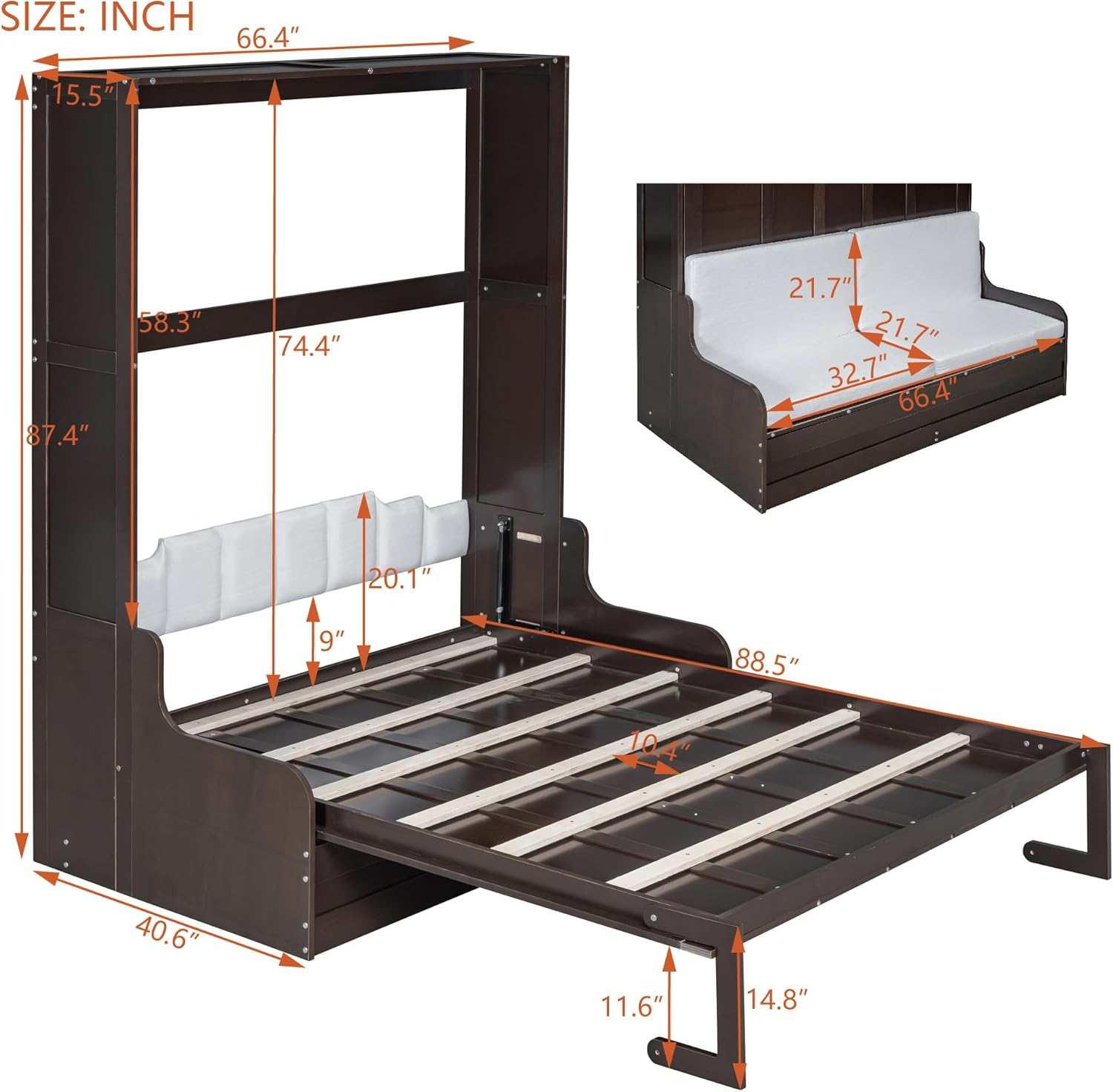 Merax Queen Size Murphy Bed Frame, Modern Wall Bed Can Be Folded into Cabinet, Chair with Cushion, Espresso