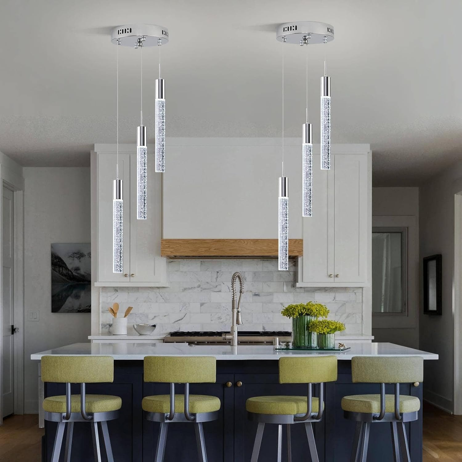 Modern Crystal Chandelier 3-Lights, Spiral LED Raindrop Kitchen Island Pendant Lighting, Bubble Foyer Dinimg Room Hanging Light Fixture Remote Control Chrome