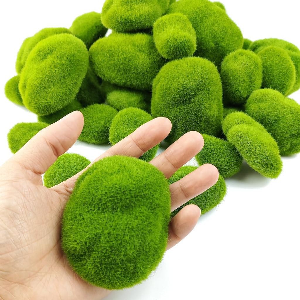 TIHOOD 50 PCS 5 Size Artificial Moss Rocks Decorative, Green Moss Balls,Moss Stones, Green Moss Covered Stones, Fake Moss Decor for Floral Arrangements, Fairy Gardens and Crafting