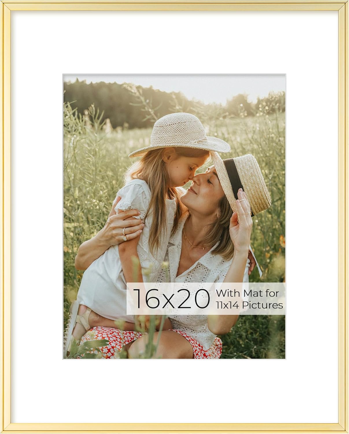 RICHFOCUS Aluminum Picture Frame - 16x20 Gold Metal Frame with Mat for 11x14 Photo, Floating Frame with Tempered Glass - Poster Frame Wall Hook Included for Gallery Wall