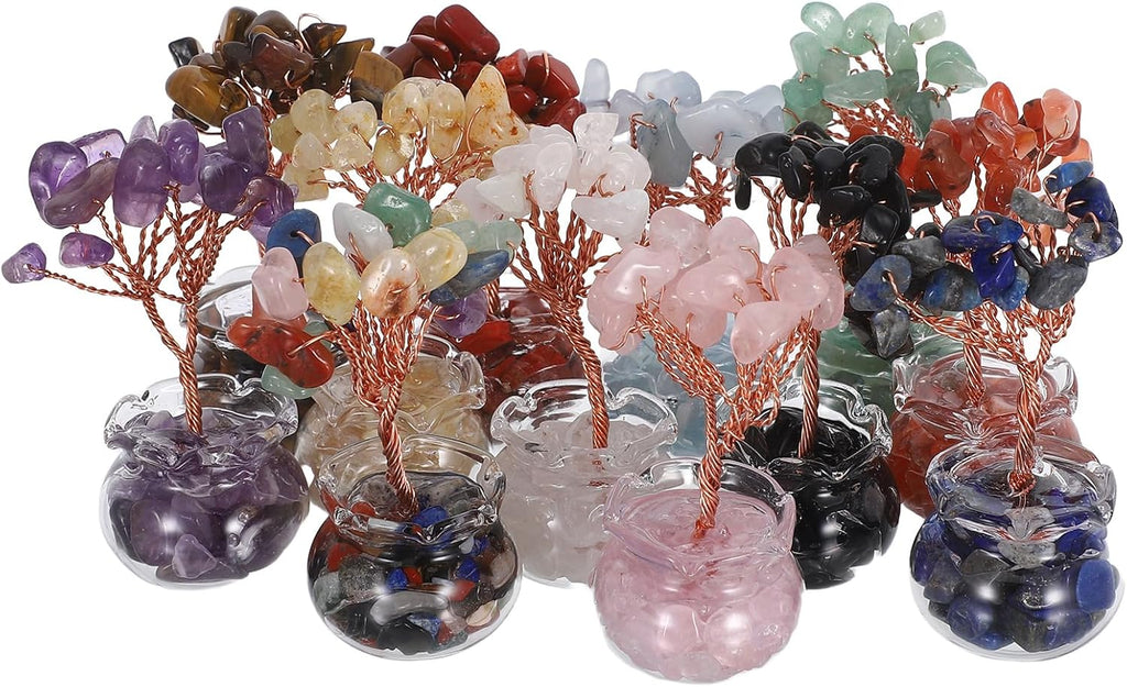 LUOZZY 12 Pcs Mini Crystal Money Tree Feng Shui Bonsai Lucky Fortune Centerpiece for Home Office Desk Decorations