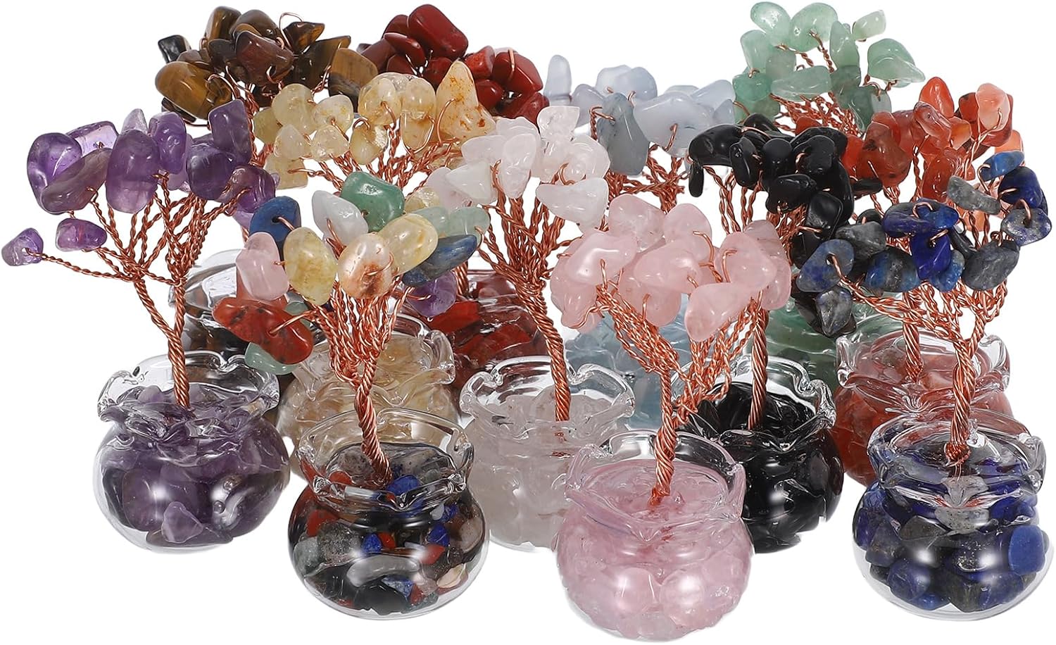LUOZZY 12 Pcs Mini Crystal Money Tree Feng Shui Bonsai Lucky Fortune Centerpiece for Home Office Desk Decorations