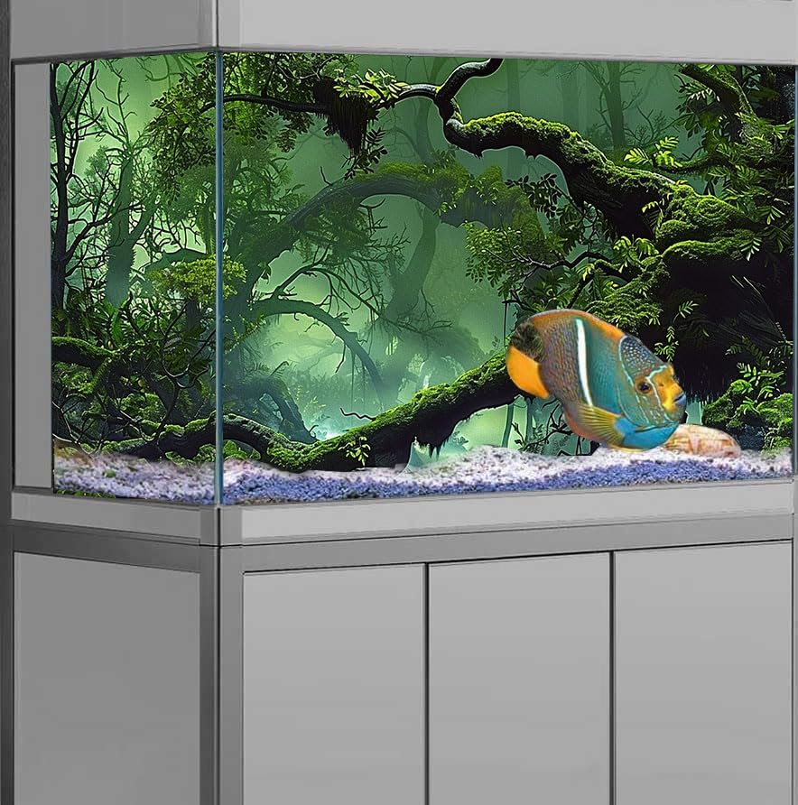 Foggy Forest Terrarium BackgroundStone Green Tree Tropical Reptile Habitat Rainforest Aquarium Background, Polyester Background 6 EVA Double-Sided Tapes 48x24 inches/120x60