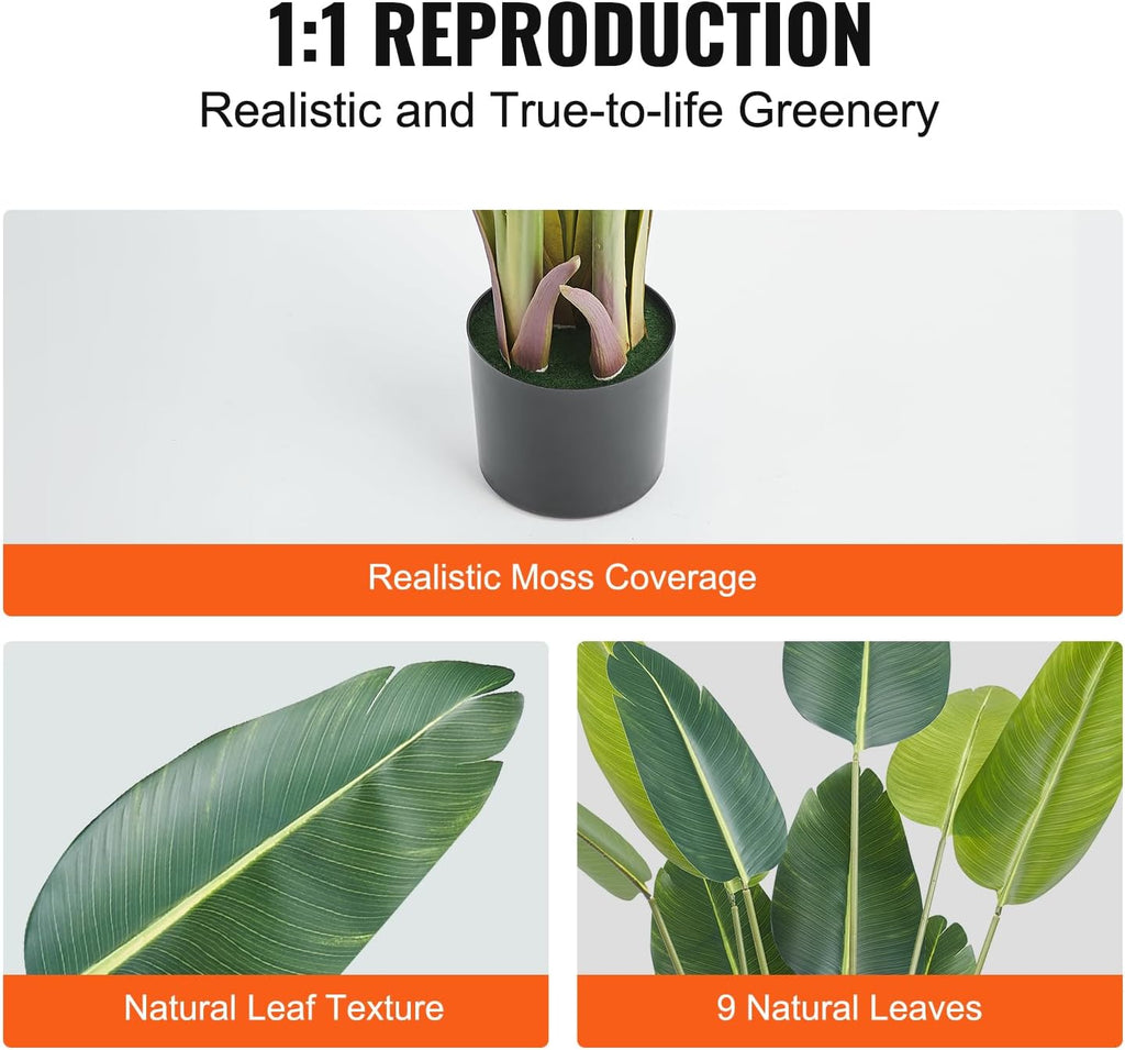 VEVOR Artificial Bird of Paradise Tree, 5 FT Tall Faux Plant, PE Material & Anti-Tip Tilt Protection Low-Maintenance Plant, Lifelike Green Fake Tree for Home Office Warehouse Decor Indoor Outdoor