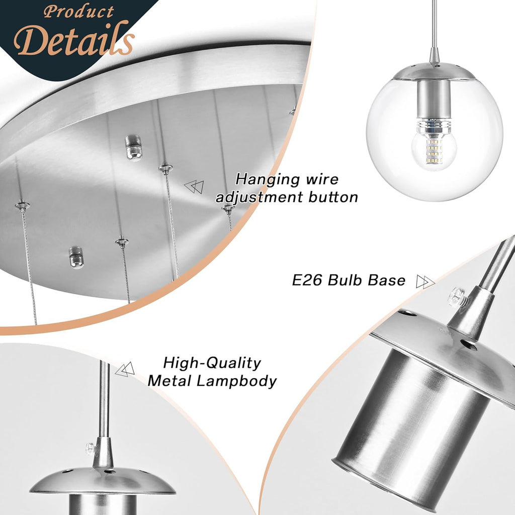 KoKo&Yukina 9-Light Globe Glass Pendant Light Adjustable Length Pendant Lights Fixtures Modern Nickel Clear Globe Glass Chandelier High Ceiling Lights Fixtures for Staircase (Bulb & Remote Incl.)