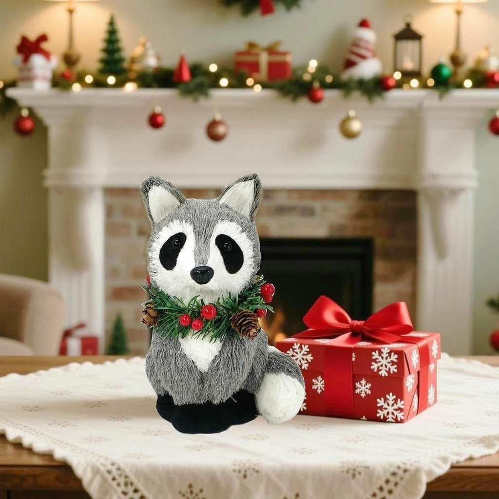 naturevibe 7.5 Inches Sisal Raccoon Figurine for Rustic Christmas Decorations, Woodland Animals with Holiday Accent as Christmas Table Decor or Farmhouse Decor