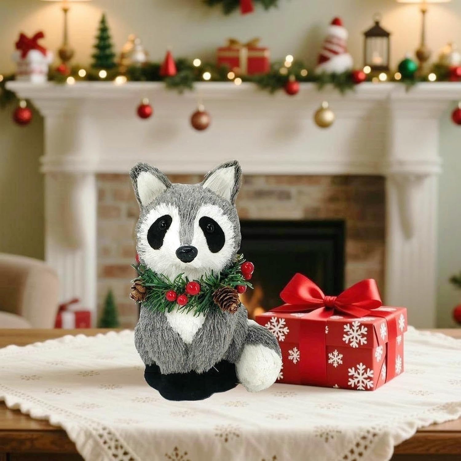 naturevibe 7.5 Inches Sisal Raccoon Figurine for Rustic Christmas Decorations, Woodland Animals with Holiday Accent as Christmas Table Decor or Farmhouse Decor