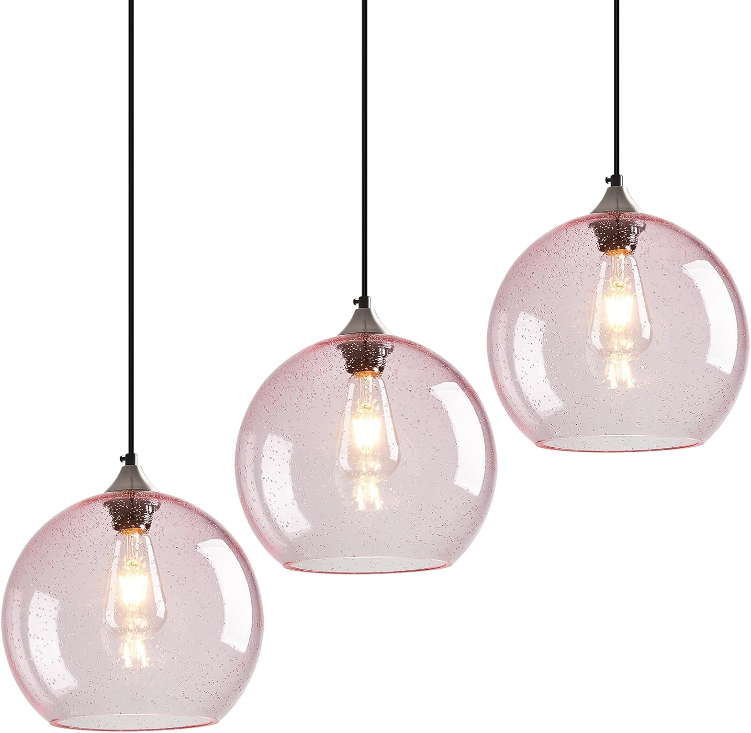 Pink Glass Pendant Lights Kitchen Island Globe Pendant Light Fixtures Modern Pendant Lighting for Bedroom Living Dining Room Light Fixture (9.84 in, 3 Pack)