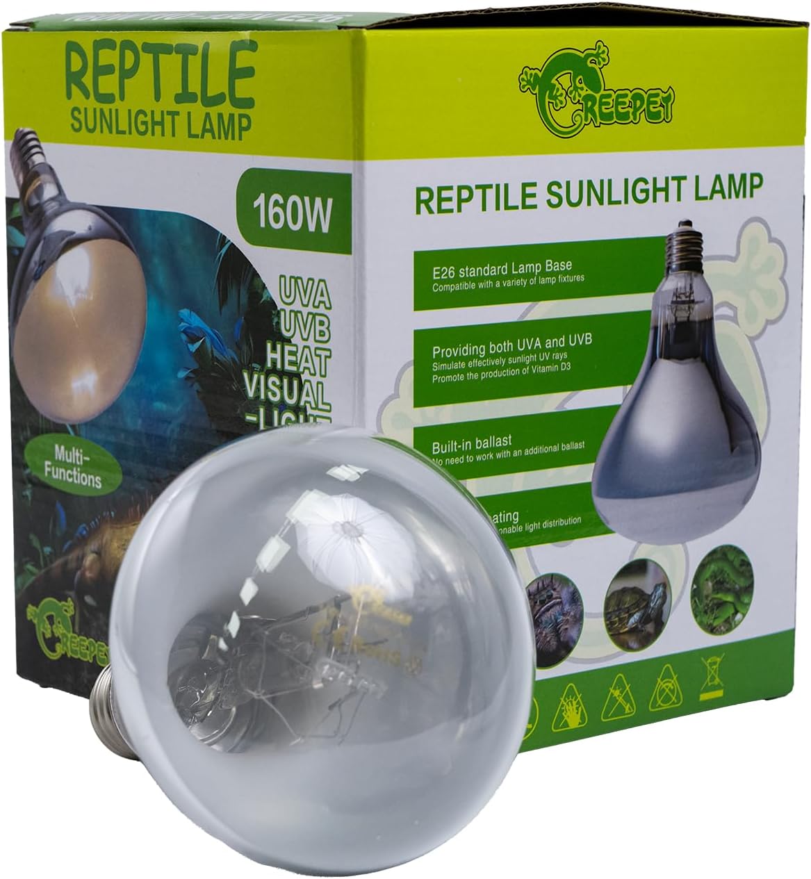 160W Heat UVA UVB Reptile Light, Full Spectrum Self-Ballasted Vapor Basking Sunlight Bulb for Reptile and Amphibian Use E26 1 Pack