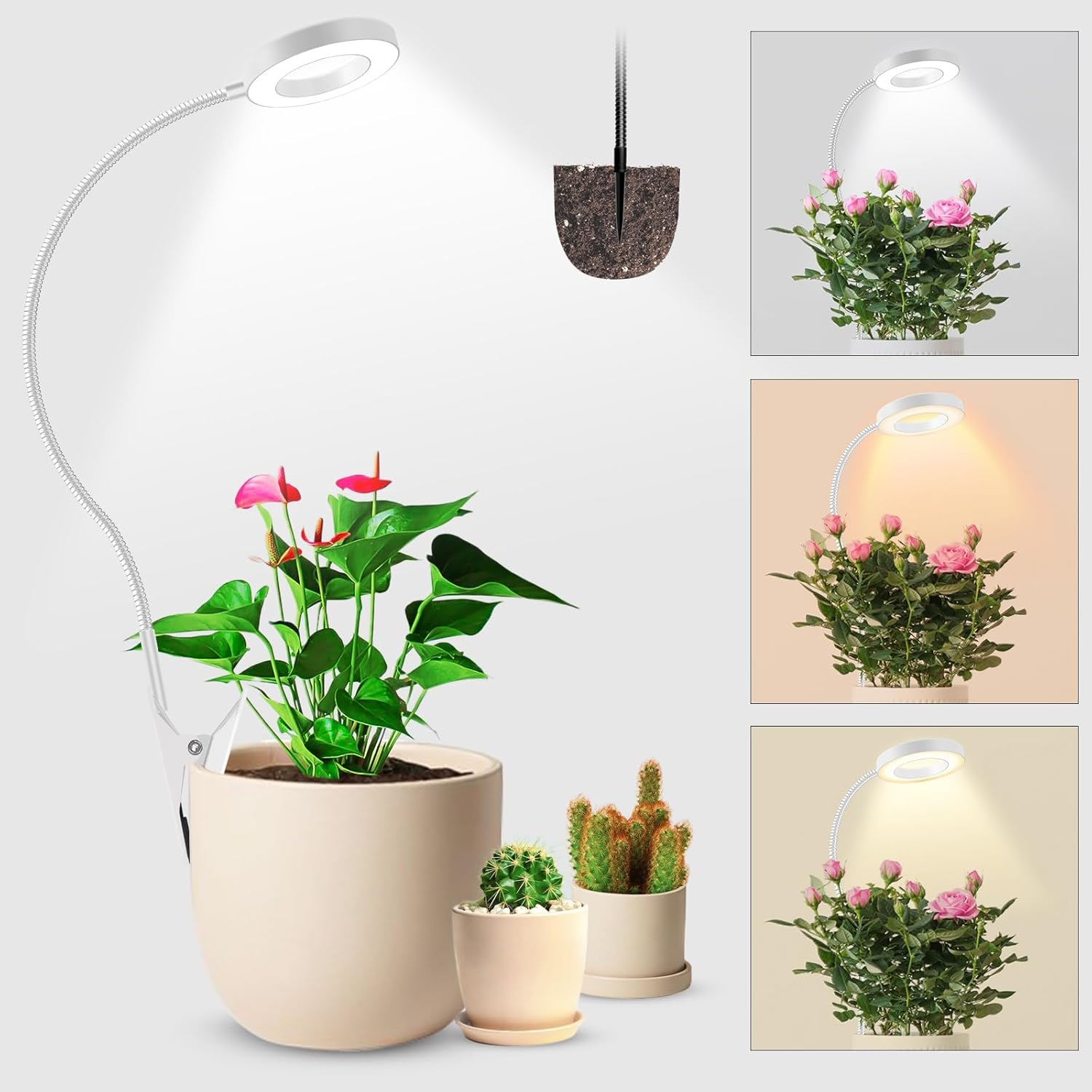 Wolezek 2 in 1 Grow Lights for Indoor Plants, 3 Colors Plant Lights for Indoor Growing with 360° Gooseneck, 48 LEDs Full Spectrum Plant Grow Lights Indoor, 6/12/16H Timer, 5 Brightness, White 1 Pack