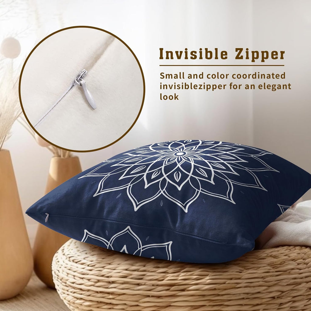 Mandala Navy Blue Throw Pillow Covers Set of 2 All-Season Soft Boho Lotus Flower Pillowcases with Hidden Zipper,Durable for Sofa Bed Car Decor & Gift Luxury 18x18Inch