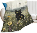 Black Cat Blanket Floral Wildflower Kitten Throw Blankets Gifts for Girls Boys Kids Cat Lover Soft Cozy Fleece Plush for Couch Sofa Bed 50"x40"
