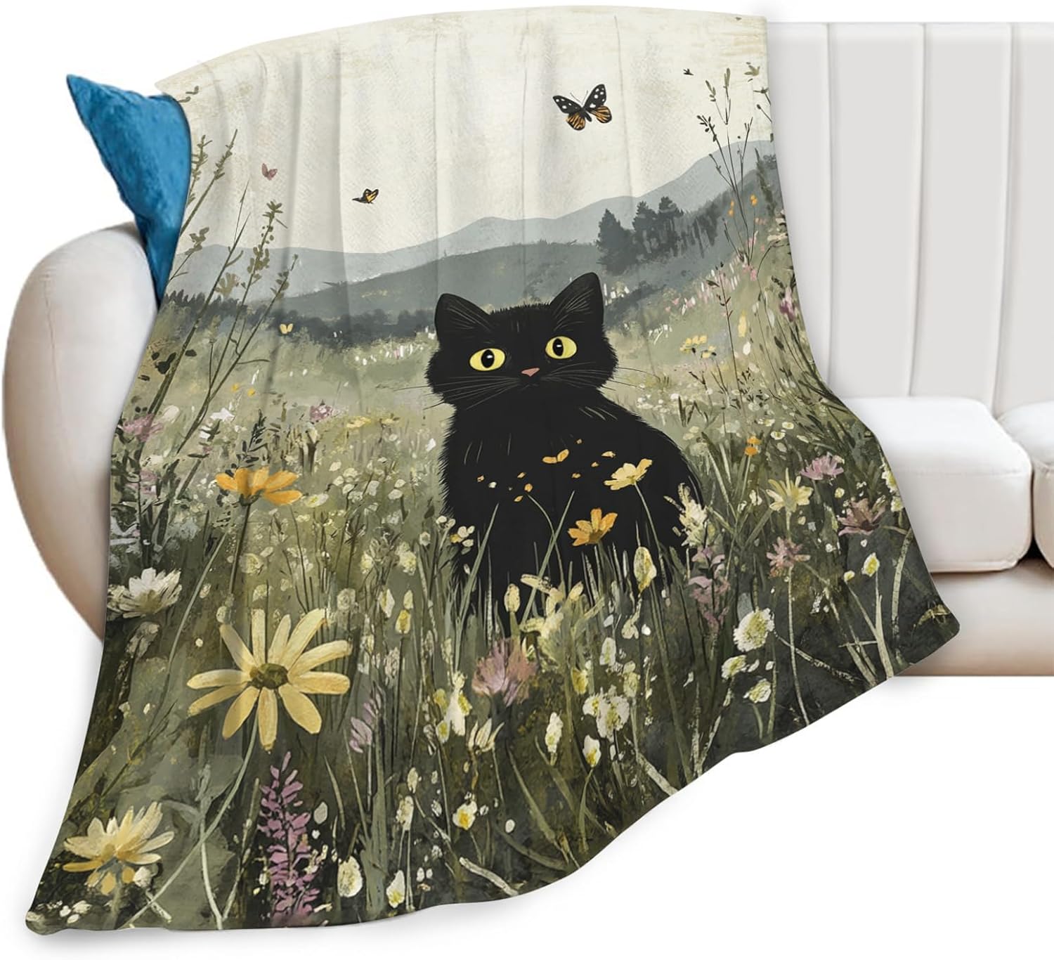 Black Cat Blanket Floral Wildflower Kitten Throw Blankets Gifts for Girls Boys Kids Cat Lover Soft Cozy Fleece Plush for Couch Sofa Bed 50"x40"