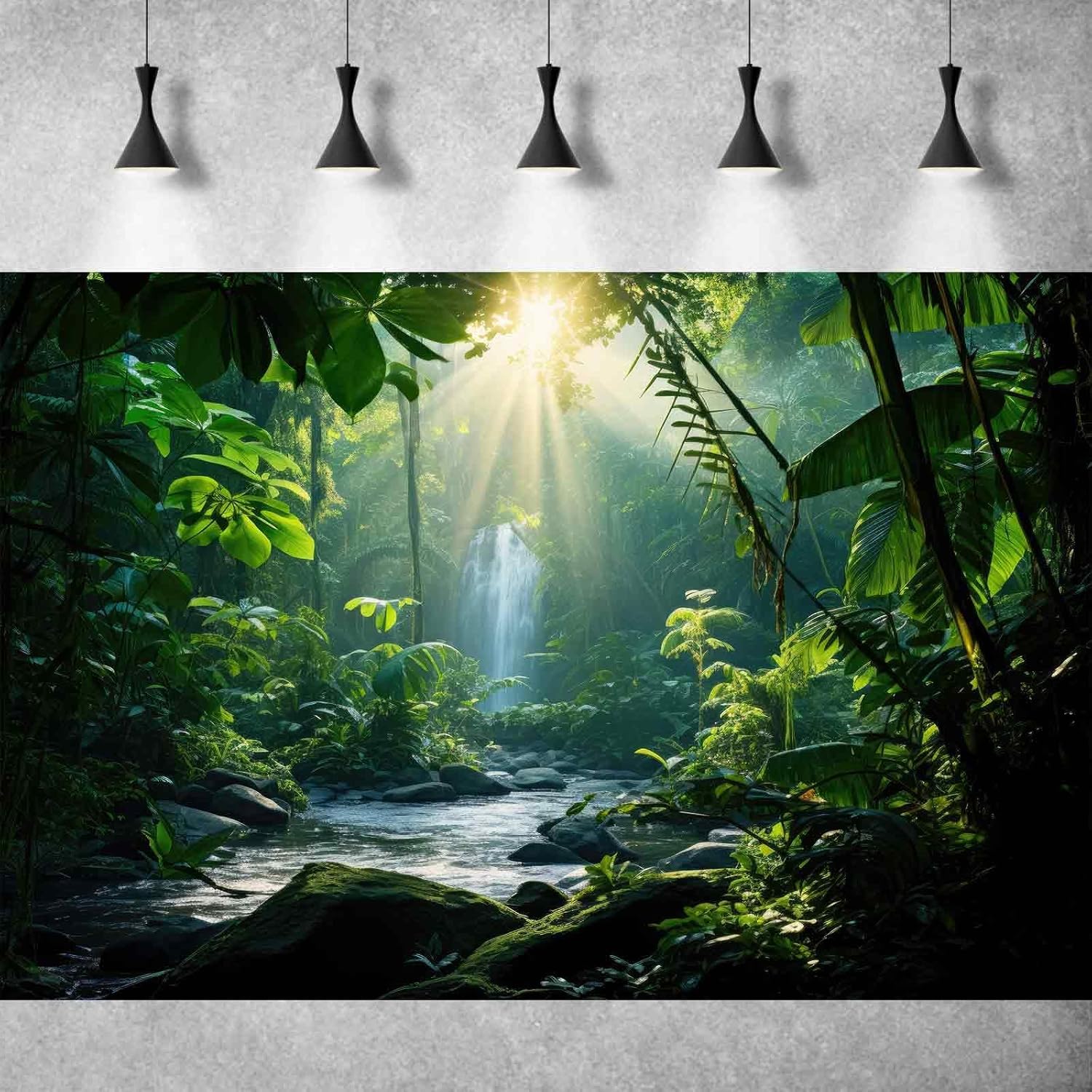 Jungle Aquarium Background Waterfall Lush Green Jungle Plants Terrarium Background Stream Big Rocks with Moss Fish Tank Background Natural Jungle Forest Landscape Aquarium Backdrop Vinyl 30x12in