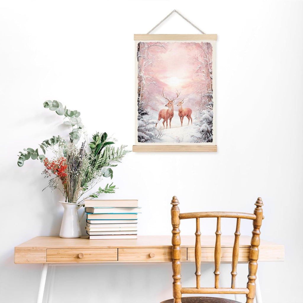 FDHSPAAM Pink Winter Deer Wall Art Decor, Vintage Christmas Decor, Rustic Holiday Pink Snowy Forest Sunset Winter Scene Wall Art Posters for Home Bedroom Living Room, 12x16 Inch