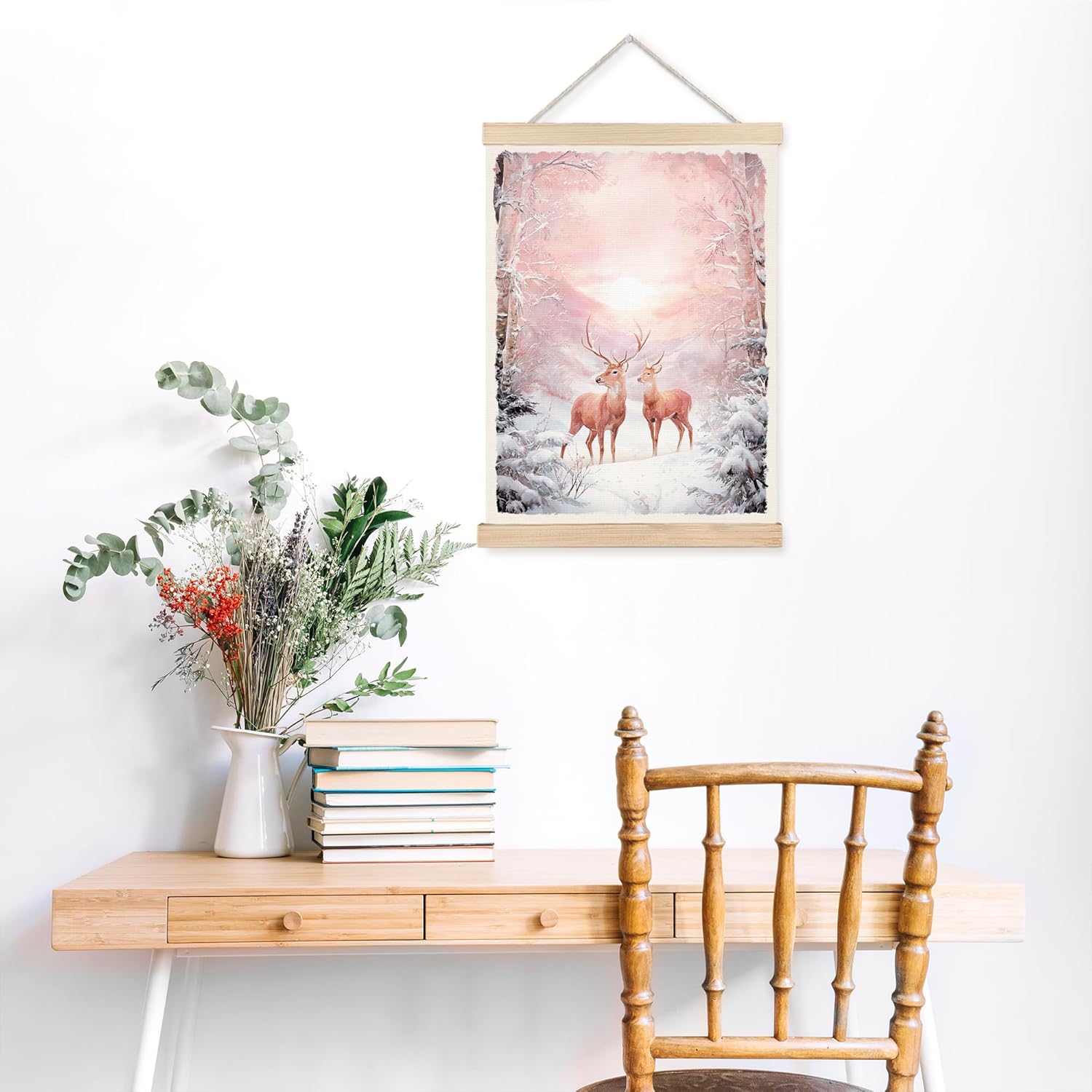 FDHSPAAM Pink Winter Deer Wall Art Decor, Vintage Christmas Decor, Rustic Holiday Pink Snowy Forest Sunset Winter Scene Wall Art Posters for Home Bedroom Living Room, 12x16 Inch