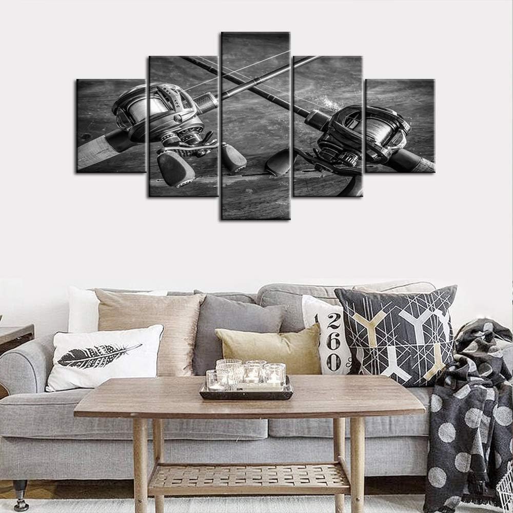 Fish Wall Decor Fishing Rod and Reel Pictures Angling Accessories Paintings Multi Panel Canvas Wall Art for Living Room Home Modern Decor Vintage Artwork Framed Stretched Ready to Hang(60”WX32”H)