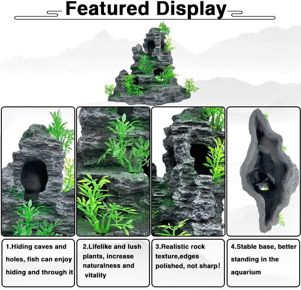 Aquarium Decoration Large and Tall Fish Tank Decor Aquarium Rock Mountain View Aquarium Ornament Tree House Cave for Large Tank - 10.2 Inches High