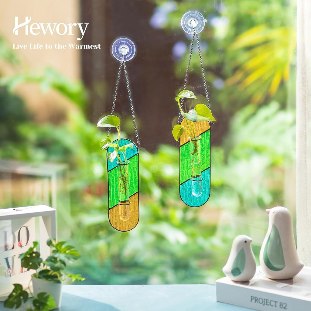 Hewory Stained Glass Plant Propagation Hanging 2 Pcs Propagation Station Planters for Window Wall Decor - Unique Hydroponic Propagated Plant Holder for Kitchen Gifts for Mom