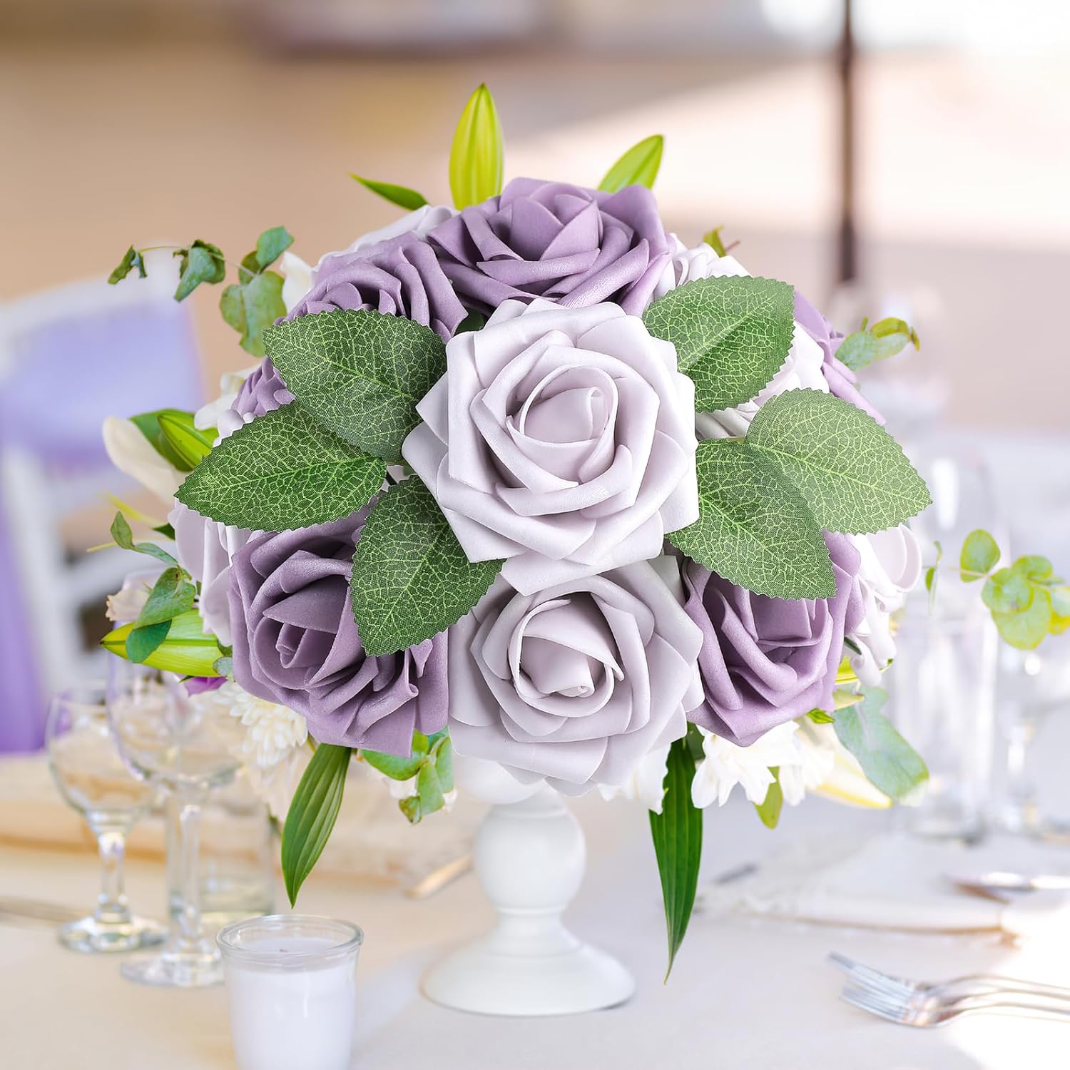 AmyHomie 25pcs Real Looking Artificial Pale Lavender Roses w/Stem for DIY Wedding Bouquets Centerpieces Arrangements Party Baby Shower Valentines Day Christmas Tree Decorations