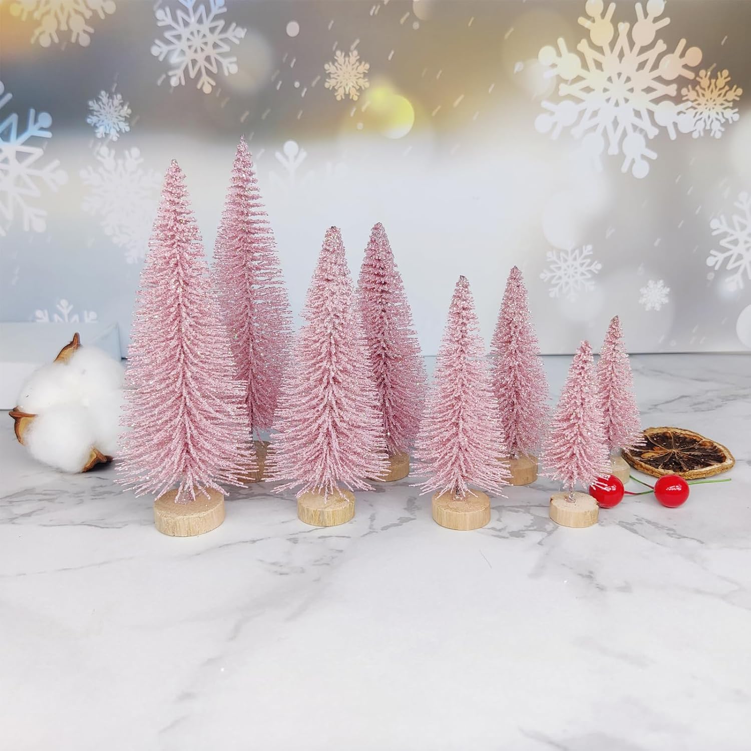 8 Pcs Artificial Mini Christmas Trees, Miniature Pine Trees Sisal Trees with Wood Base Tabletop Christmas Tree for Christmas Xmas Holiday New Year (Pink, 8 pcs)