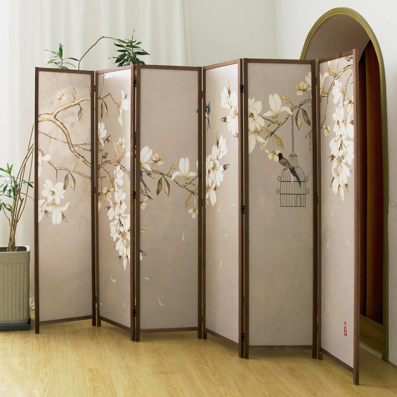 6 Panel Room Divider Folding Privacy Screen,5.6 FT Tall Double Faced Panel Screen,Blackout Panel Divider for Room Seperation,Flower and Bird