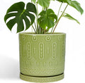 Ceramic Pot for Plants - 10 Inch Indoor Plant Pots with Drainage Holes and Saucer, Boho Round Planter Outdoor, Decorative Large Planter for Flower, Living Room Decor, Garden Gifts, Green