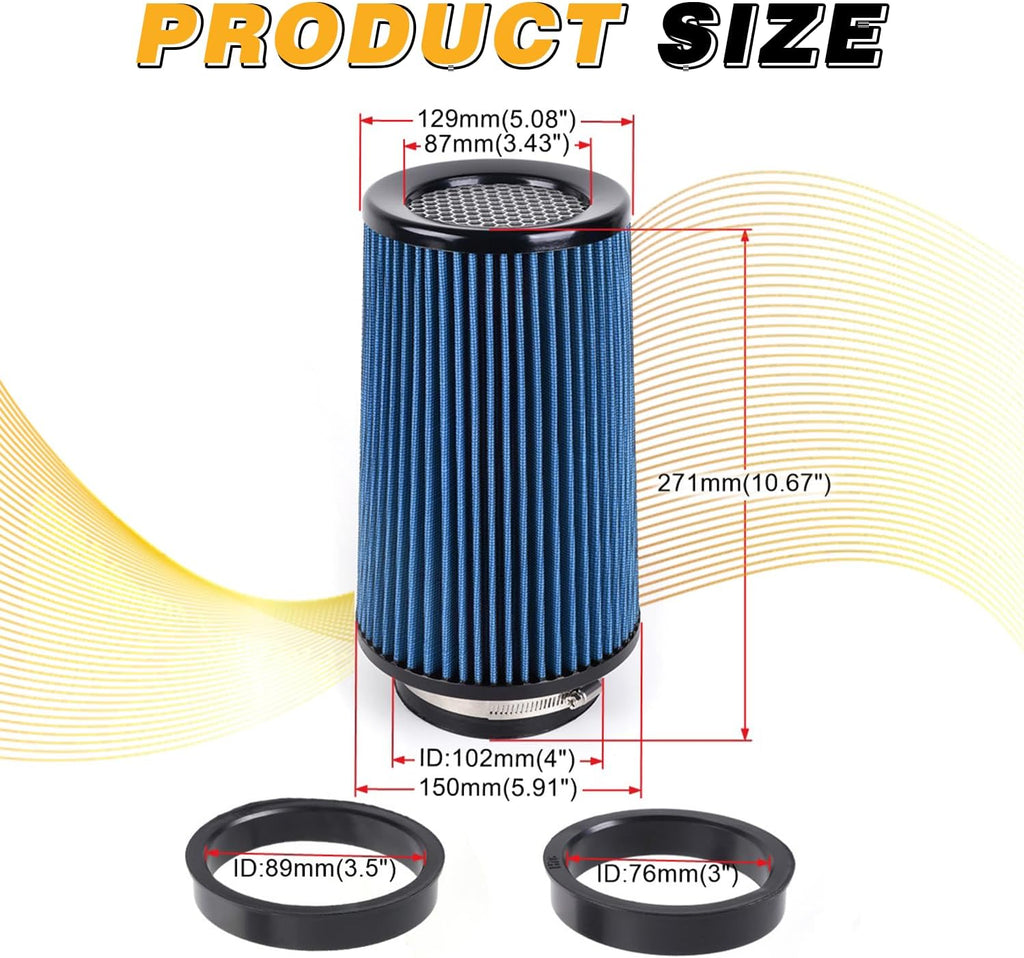 4-Inch Cold Air Intake Filter - Washable, High Performance, 3" or 3-1/2" or 4" Clamp-On Filter Height: 9 In Replacement Cone Air Filter Universal 3 Sizes in 1 (Blue)