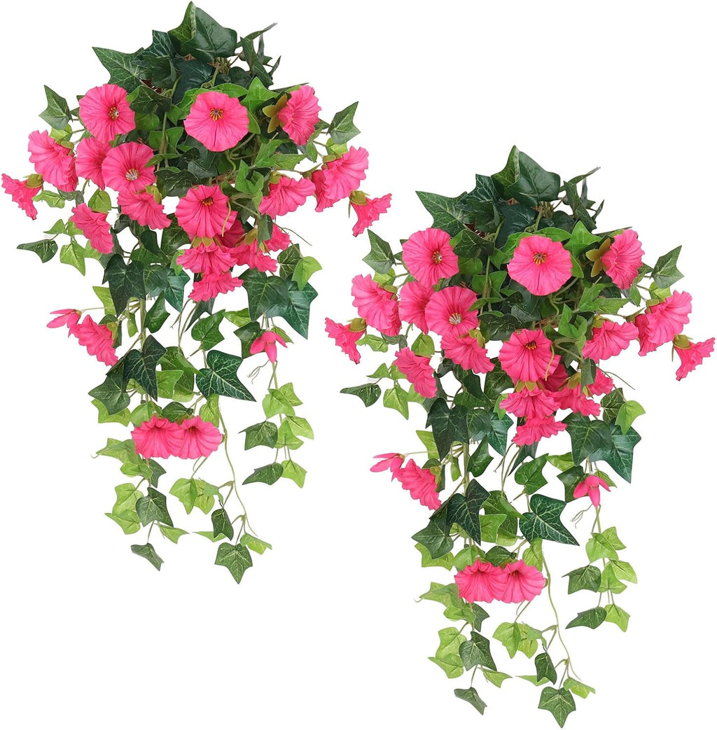 RECUTMS Artificial Fake Hanging Flowers Plants for Outdoor Decoration, 2 Pcs UV Resistant Faux Petunias Trailing Plants Realistic Flower Look Real for Door Wall Yard Porch Garden Planter (Rose Red)