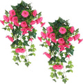 RECUTMS Artificial Fake Hanging Flowers Plants for Outdoor Decoration, 2 Pcs UV Resistant Faux Petunias Trailing Plants Realistic Flower Look Real for Door Wall Yard Porch Garden Planter (Rose Red)