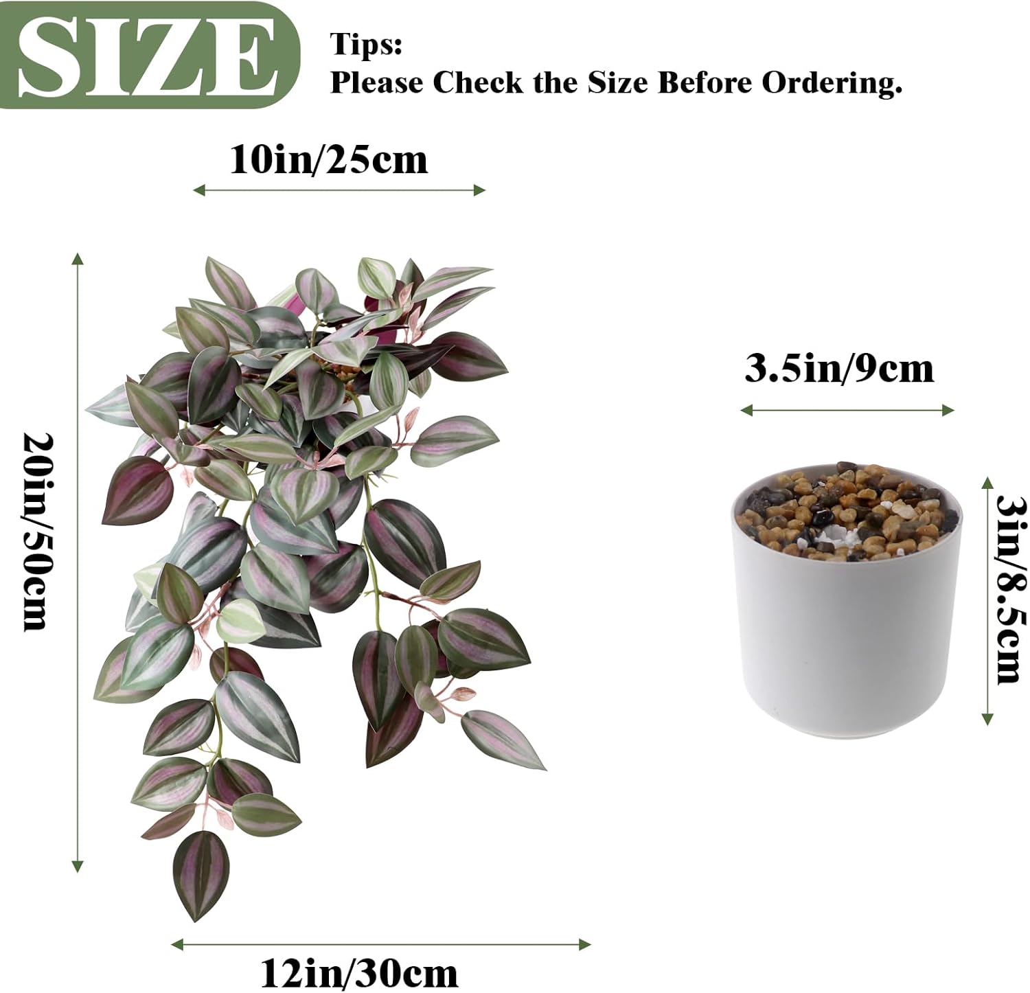 Fake Plants Indoor Artificial Hanging Plants with Pot, Potted Silk Greenery Faux Watermelon Peperomia Ivy Draping Plant for Home Office Desk Living Room Bedroom Wall Shelf Decor (Green, Purple)