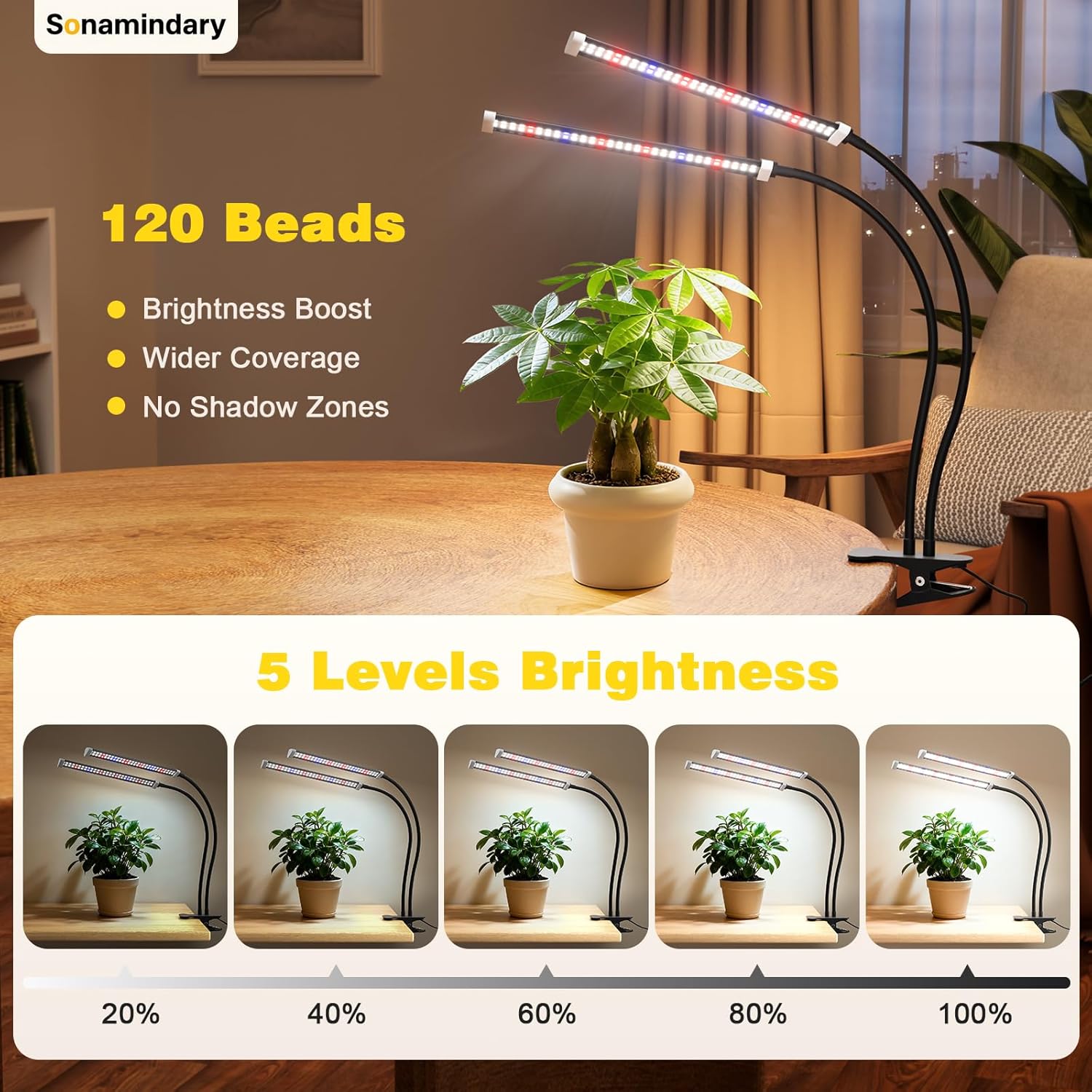 Grow Light for Indoor Plants, 120 LEDs Full Spectrum 5700K Plant Lamp with Red Blue White Light, 5-Level Dimmable, 4/8/12H Timer, Adjustable Clamp Stand(Dual Head)