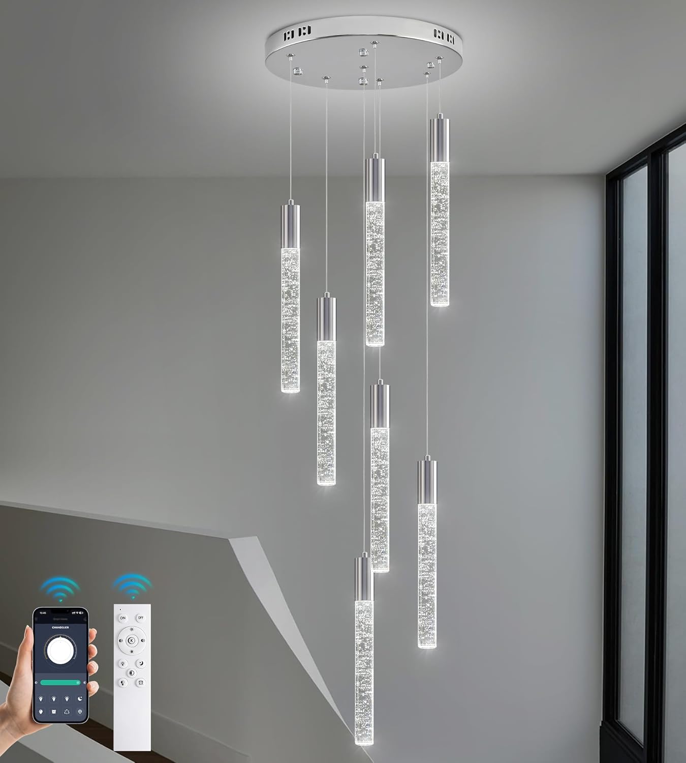 Modern High Ceiling Crystal Chandelier 7-Lights, Spiral LED Raindrop Foyer Pendant Lighting, Bubble Staircase Living Room Hanging Light Fixture Flush Mount Chrome