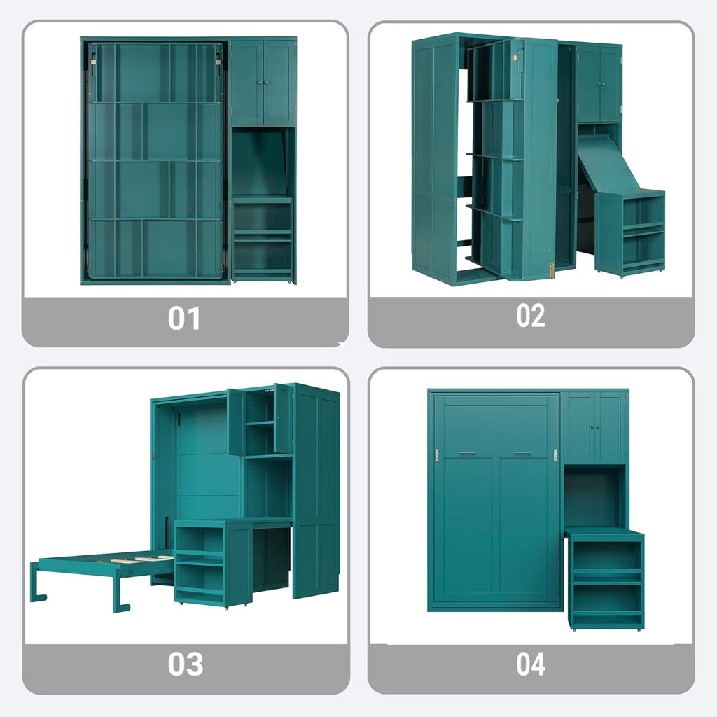 MERITLINE Twin Murphy Bed with Storage Bookcase Bookshelf, Extendable Desk and Cabinet, Wood Rotatable Hidden Murphy Bed with Desk and Shelves,for Adults (Teal)