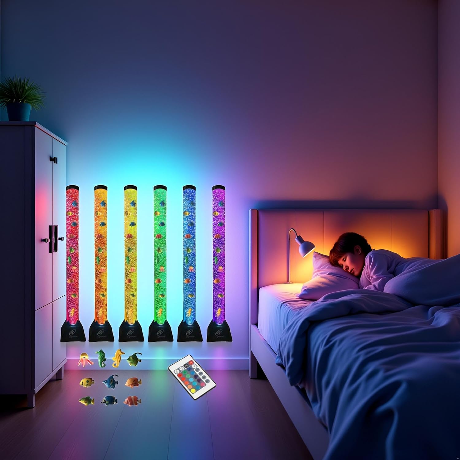 Lightahead Extra Large 4FT LED Bubble Fake Fish Tube – Sensory Aquarium Lamp with 10 Floating Fish & 20 Color Effects – Calming Light for Everyone Including Autism, ADHD, Stress & Anxiety Relief.