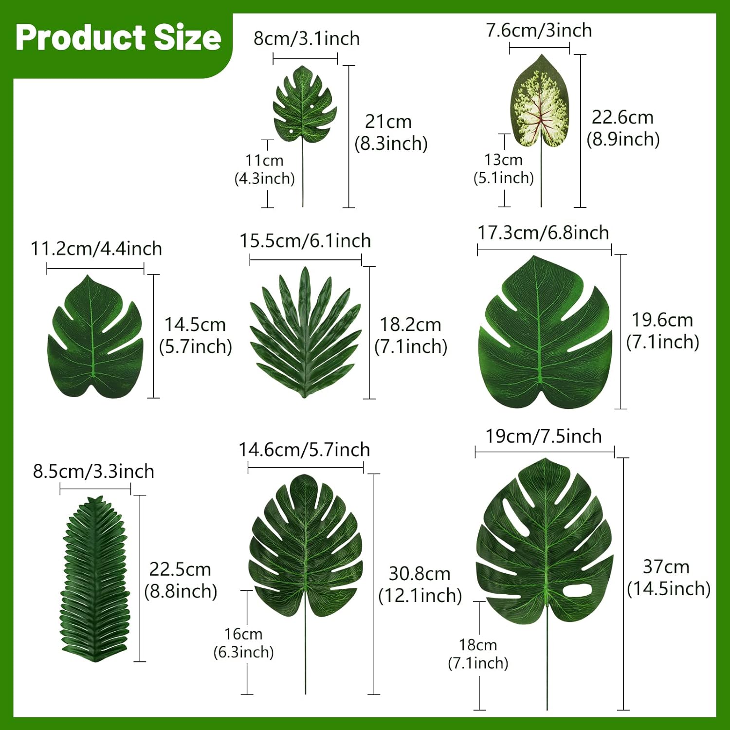 Jungle Party Decorations, 78 Pieces 8 Kinds Artificial Palm Leaves Green Tropical Leaves with Stems Jungle Leaves Decorations Palm for Hawaiian Luau Party Jungle Beach Table