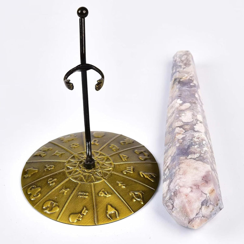 Blue Flower Agate Wand Point Long Healing Crystal Scepter Decorative Stone Reiki Meditation with Display Stand Home Office Decor 0.4-0.6LBS