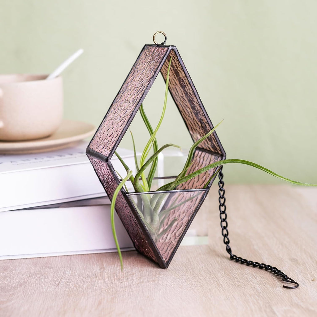 Stained Glass Hanging Plant Terrariums, 2 Packs Geometric Window Planters with Chain for Windowsill Decor Small Succulent Tillandsia Glass Terrarium Minimalist Air Plant Holders