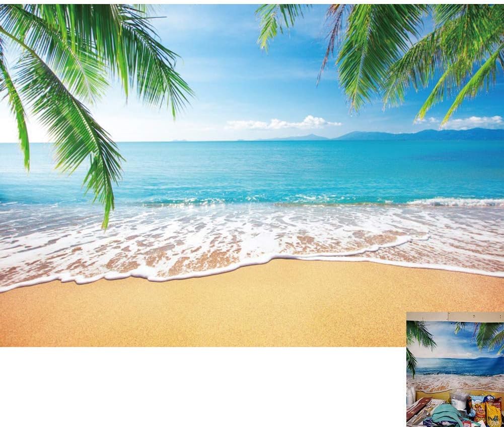 DASHAN 10x6.5ft Polyester Tropical Beach Backdrop Ocean Hawaiian Luau Party Summer Sea Beach Birthday Sandy Beach Palm Tree Photography Background Wedding Bridal Shower Nautical YouTube Photo Props