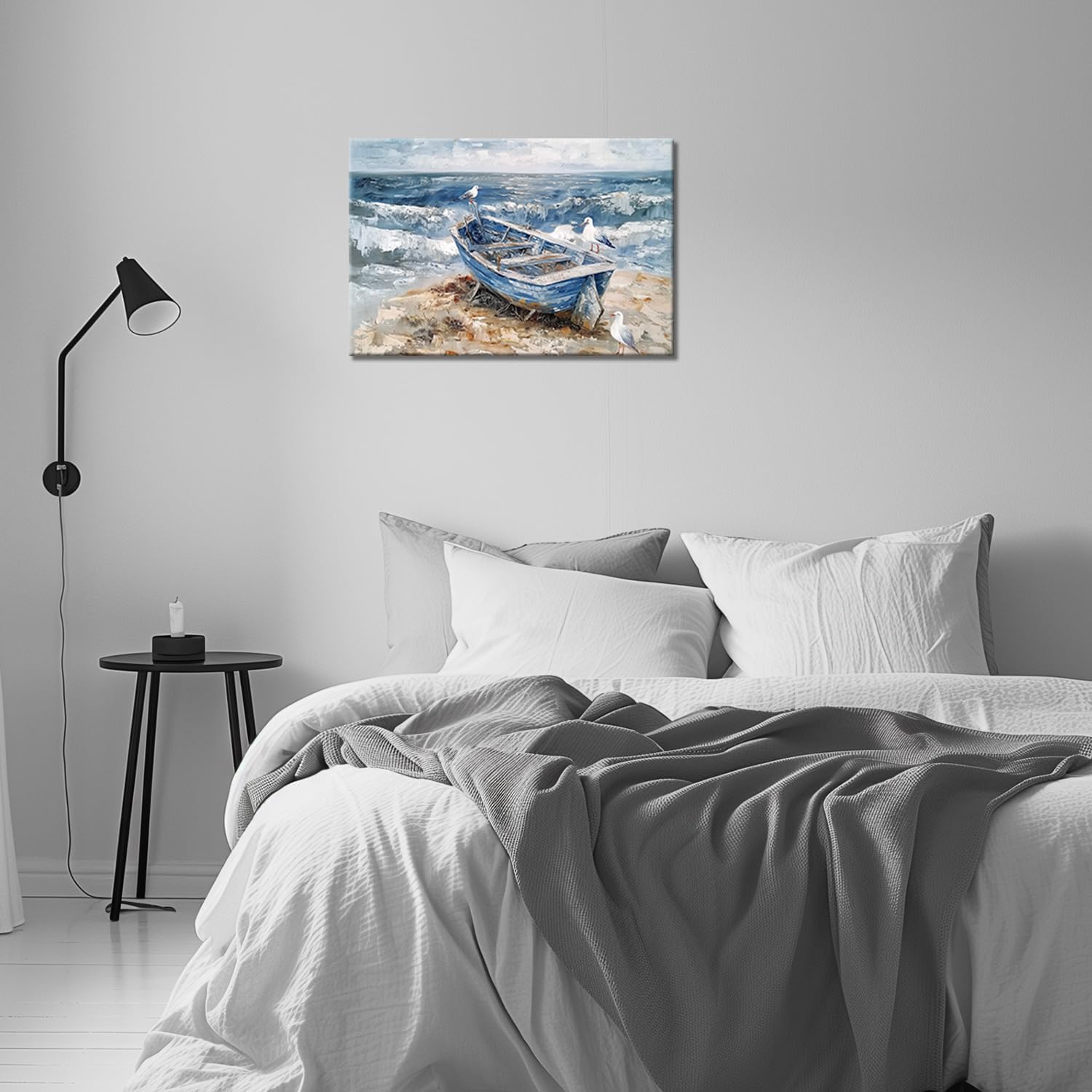 GLOKAKA Bathroom Wall Art Coastal Decor Boat on Beach Canvas Picture Seagull Seascape Wall Decor Abstract Ocean Seashore Print Painting for Bedroom Office