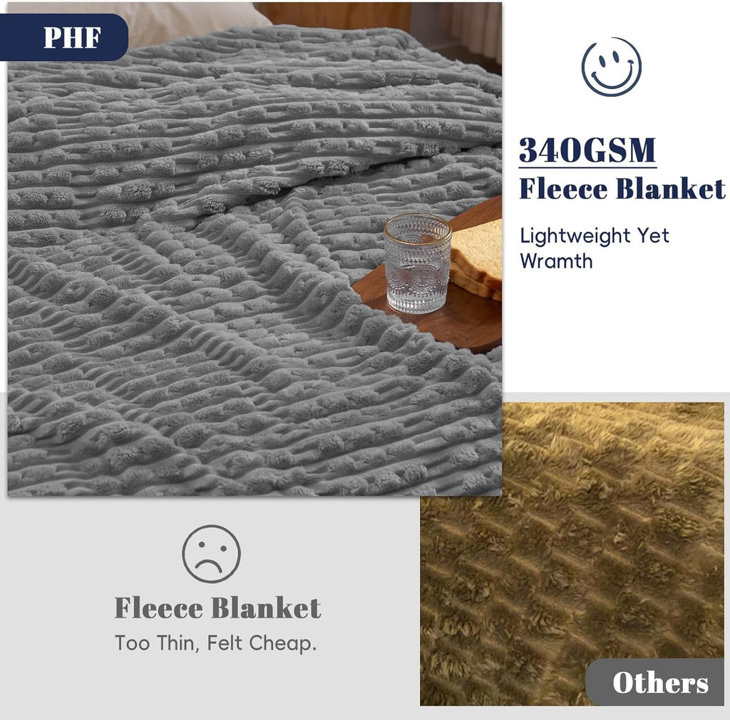 PHF Ultra Soft Flannel Fleece Blanket King Size, Lightweight 3D Jacquard Fleece Blanket, No Shedding, No Pilling, Luxury 340GSM Aesthetic Fluffy Cozy for Bed Room Decor, 108"x90", Frost Gray