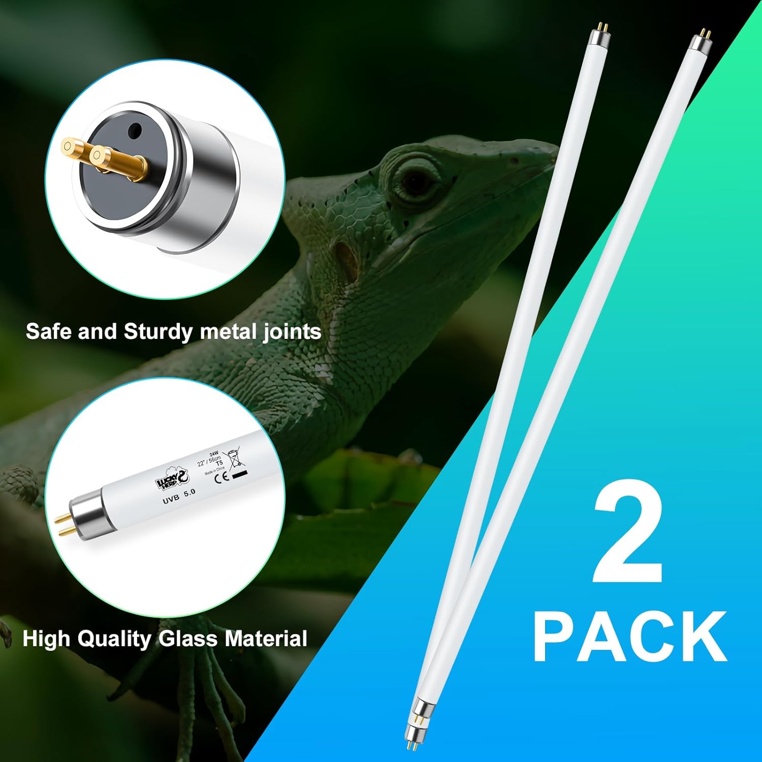 LUCKY HERP 2 Pack T5 UVB 5.0 Reptile Light 24W, UVA UVB Fluorescent Lamp Tube, UVB Lighting Bulb for Turtles, Chameleon, Tortoises, Lizard