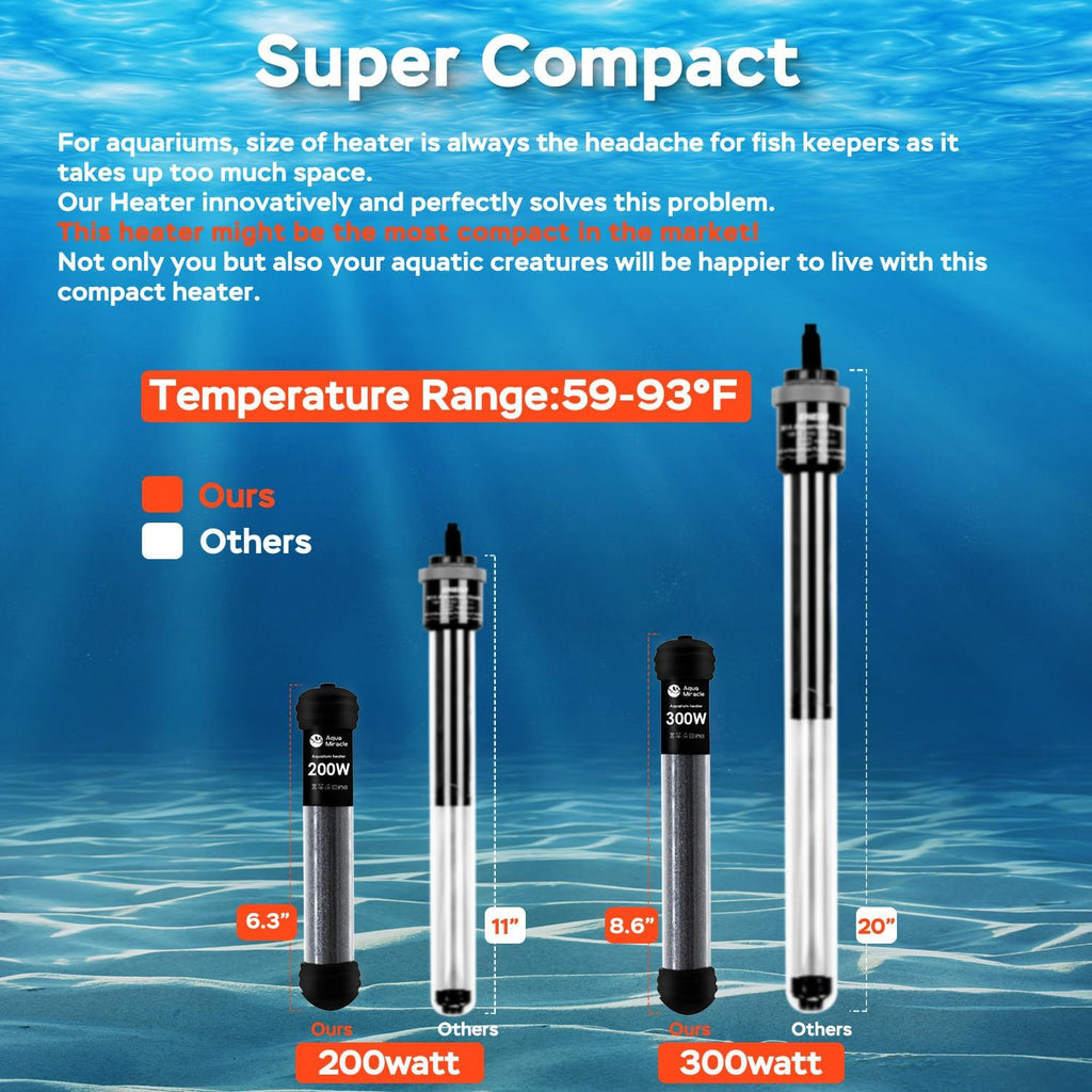 AquaMiracle 300W Small Aquarium Heater Fish Heater, Super Compact Fish Tank Heater Turtle Tank Heater for 40-60 Gal Tanks, with Dual LED Display, Dry-Run/Overheating Protection & Memory Function