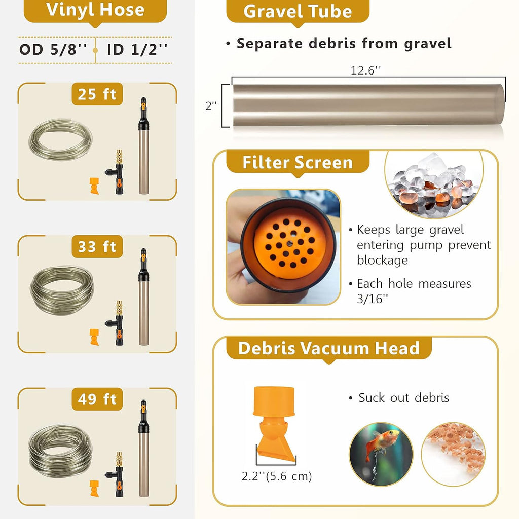 hygger Bucket-Free Aquarium Water Change Kit Metal Faucet Connector Fish Tank Vacuum Siphon Gravel Cleaner with Long Hose 33FT Drain & Fill