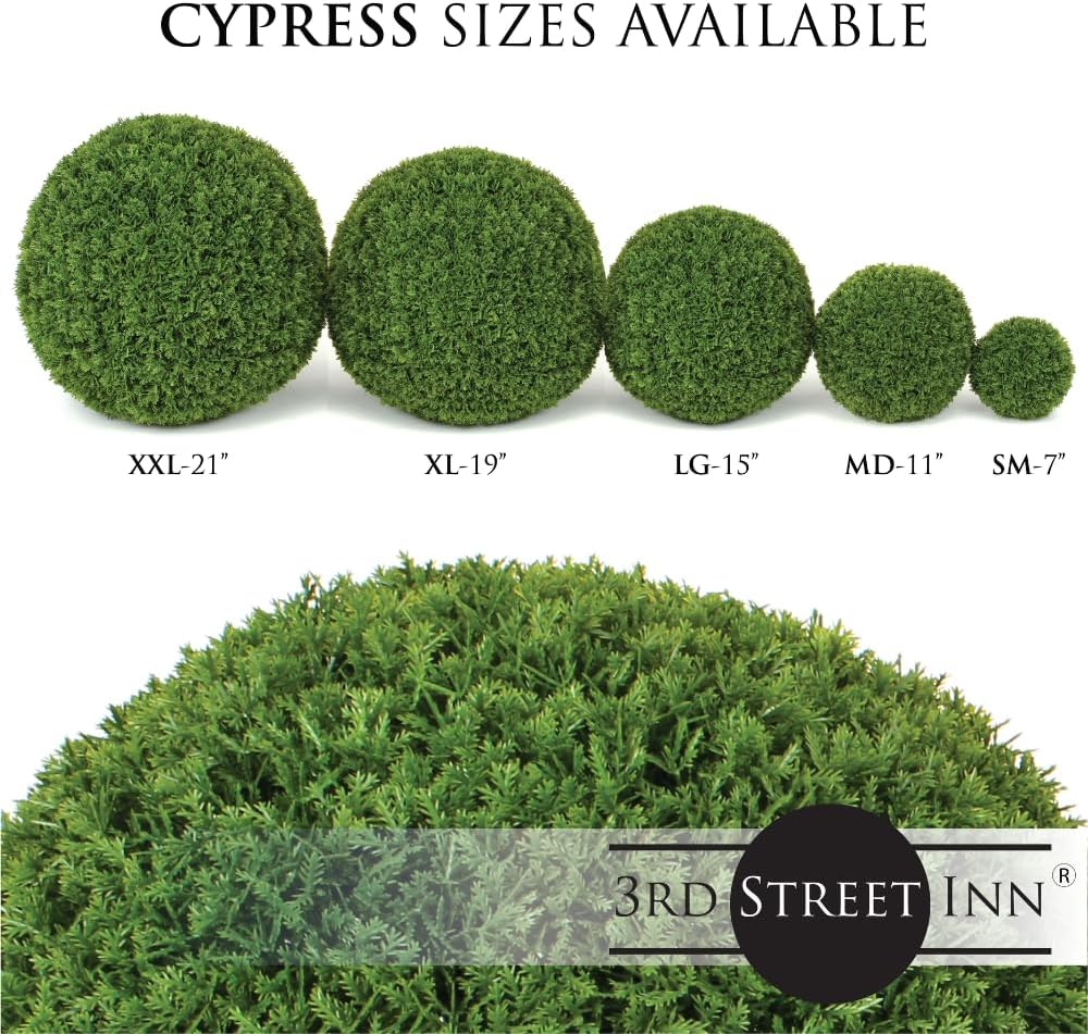 3rd Street Inn XXL Cypress Topiary Ball - Artificial Plant Set - Indoor/Outdoor Wedding Party Decor - Faux Foliage Garden Sphere - Tree and Bush Substitute (21")