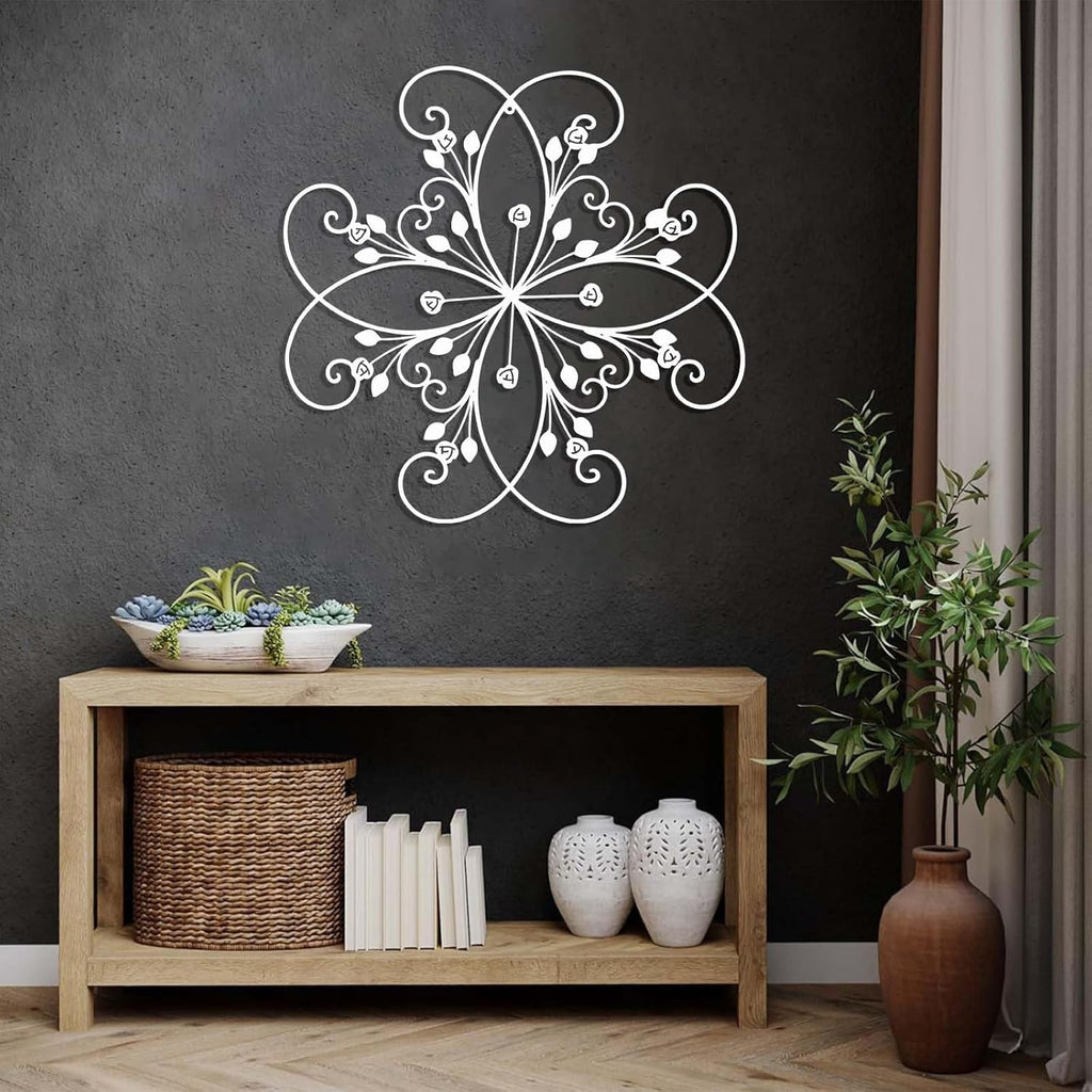 Metal Flowers Wall Decor, Metal Leaf Wall Decor, Metal Scroll Wall Decor, Floral Wall Decor, Wrought Iron Scroll Wall Decor, Minimalist Wall Art, Wall Decor for Bedroom (White, 39"×38" | 100×98cm)