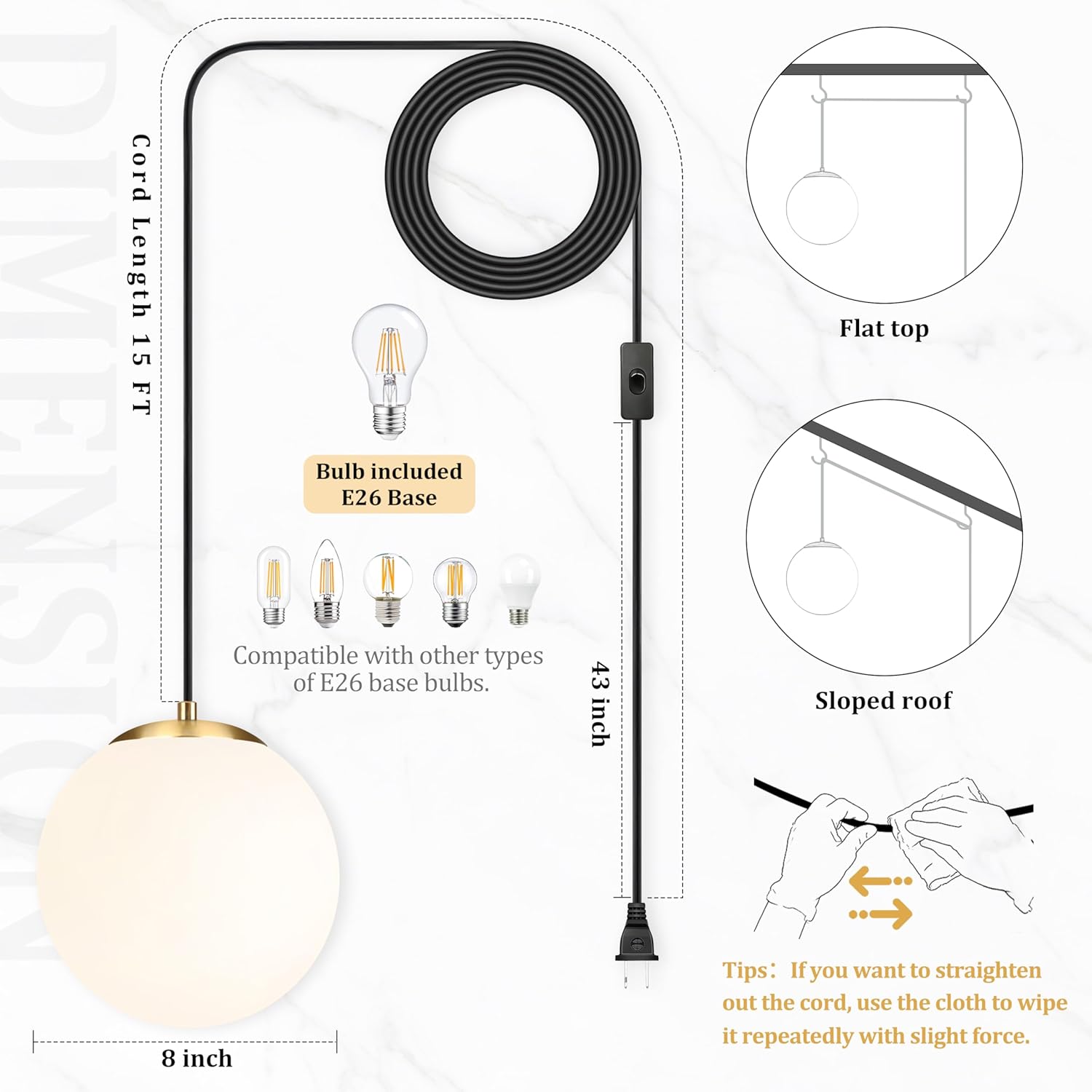 KoKo&Yukina 8" Globe Pendant Light Gold Plug in Pendant Light Adjustable Hanging Lights with Plug in Cord Brushed Gold Finished with Milk Glass Lampshade for Bedroom Kitchen Island（Bulb Included）