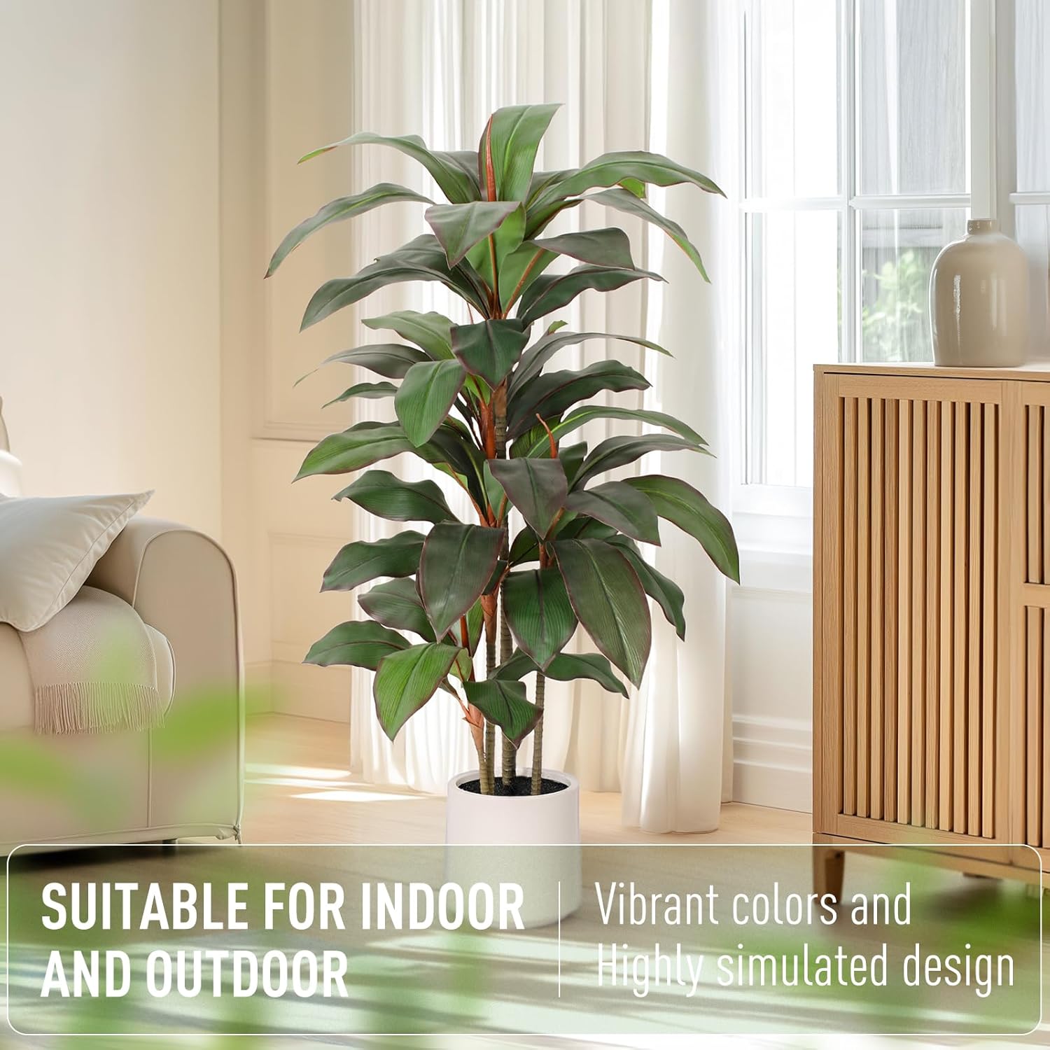 Artificial Dracaena Plant Indoor 4 FT, Fake Tree with White Planter, Faux Yucca Silk Floor Plants Indoor, Artificial Trees for Home Office Decor Indoor Outdoor Housewarming Gift